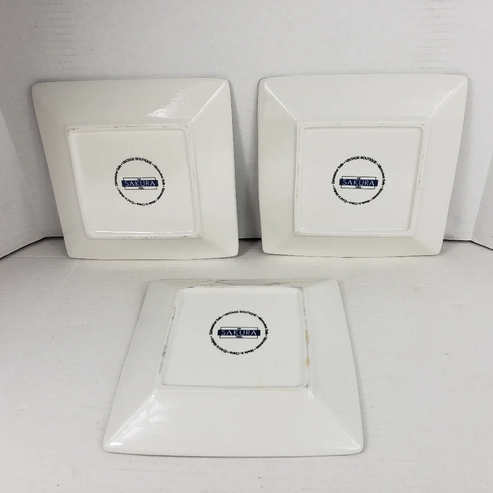 3 Sakura Vintage Boutique Square Stoneware Salad Dessert Plates Paris Motif